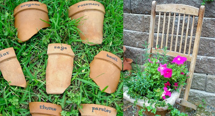 12. Un giardino all'insegna del riuso: pezzi di vasi per etichettare le piante e una vecchia sedia come fioriera