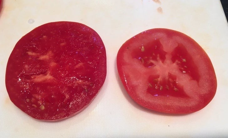 15. Zelfgekweekte tomaten naast in de supermarkt gekochte tomaten