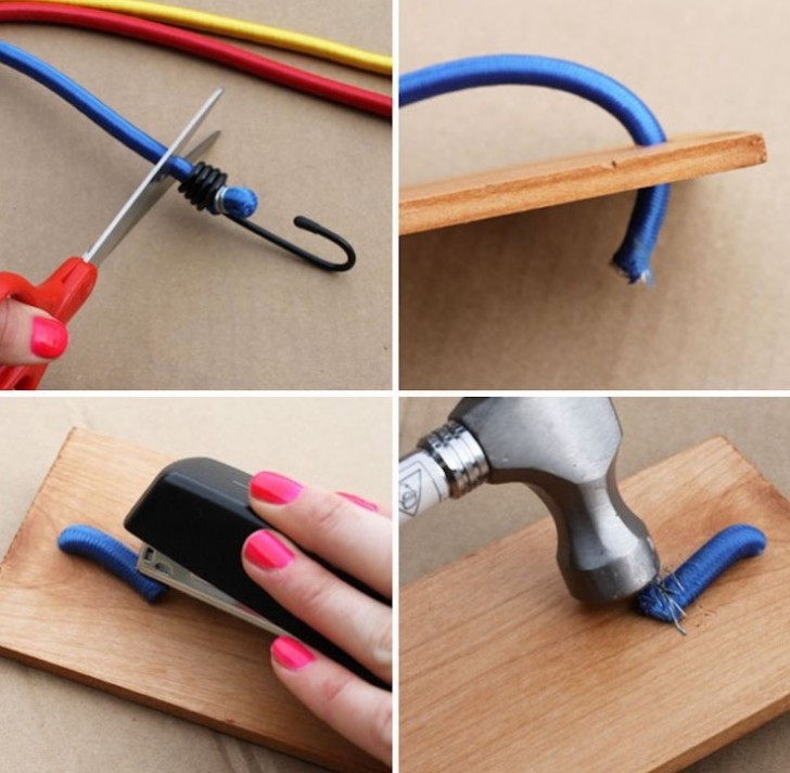 10. Usando delle tavole di legno e dei chiodi, fissate gli elastici per creare un supporto per gli effetti personali
