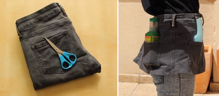 Se non usate i vostri vecchi jeans, ecco che si possono trasformare in simpatica cinta portaoggetti per il giardinaggio!