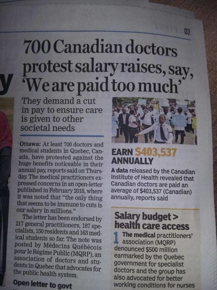 2. Les médecins canadiens protestent... contre les salaires trop élevés !