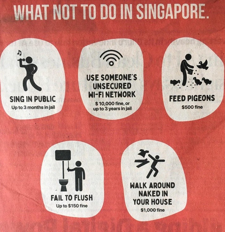 3. Choses à NE PAS faire à Singapour : "Chanter en public" (3 mois de prison), "Utiliser le Wifi de quelqu'un d'autre" (10 000 $ d'amende ou plus de 3 ans de prison), "Nourrir les pigeons" (amende de 500 $), "Ne pas tirer la chasse d'eau" (amende de 150 $), "Être nu chez vous" (amende de 1000 $).