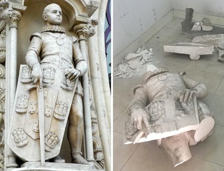 A Lisbona una antichissima stata cade in mille pezzi dopo che un turista si arrampica su di essa per fare una foto
