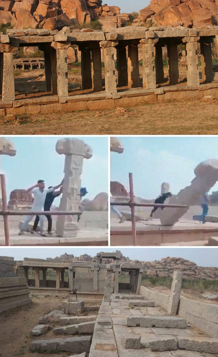 In Hampi, India, hebben een aantal vandalen enkele kolommen van een tempel die op de Unesco-werelderfgoedlijst staat, omgegooid