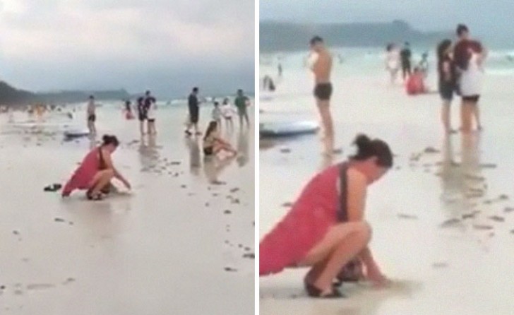 This very rude and impolite tourist tries to hide a used a menstrual pad under the sand on the beach!