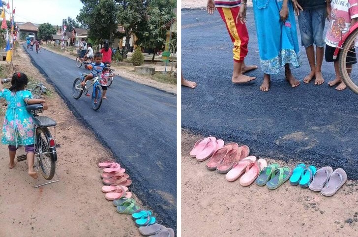 Na Indonésia, as crianças de um vilarejo tiraram os sapatos para não arruinar o novo asfalto de uma estrada. Elas nunca o tinham visto antes.