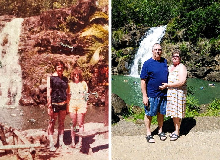 11. "Meine Eltern sind vor 30 Jahren in den Flitterwochen nach Hawaii gefahren. Sie sind dieses Jahr dorthin zurückgegangen und haben dieses Foto nachgestellt."