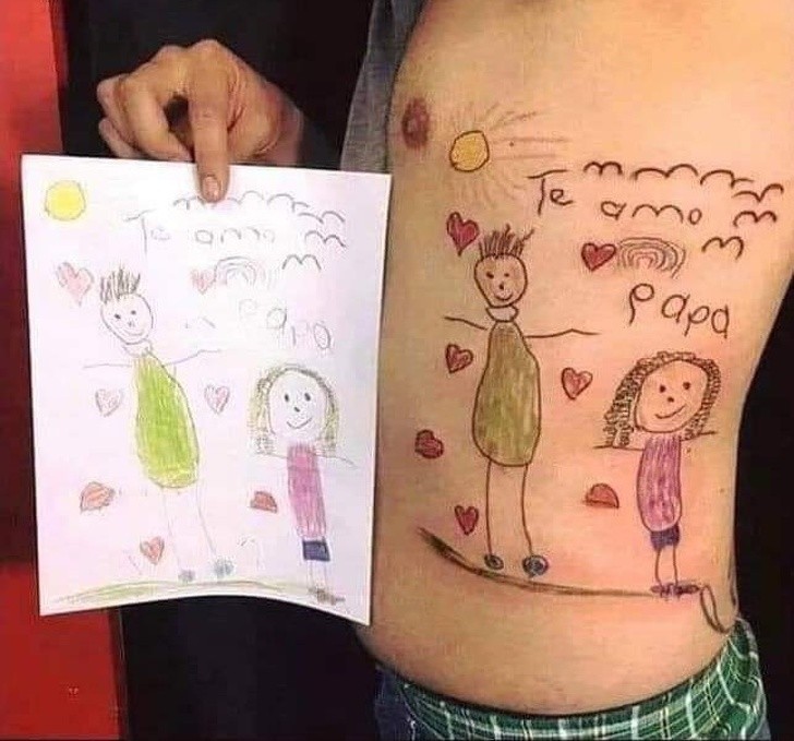 A tattoo that recreates his little daughter's drawing before her premature death ...