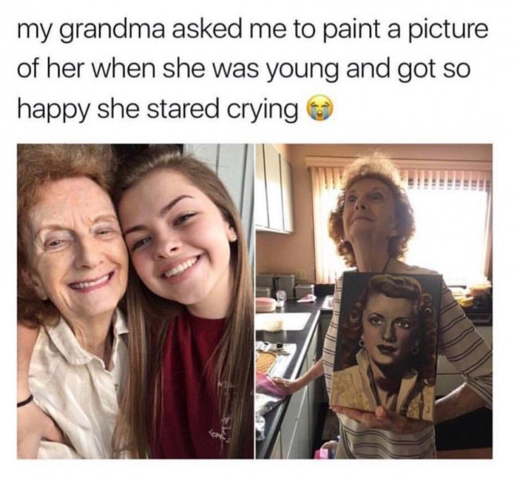 Barnbarnet målar ett porträtt av henne som ung och hon blev rörd till tårar!