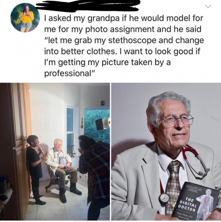 Grand-père pose pour une photo professionnelle...en veste et cravate !
