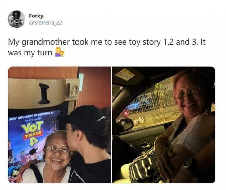 A avó tinha levado o neto para ver o primeiro Toy Story. Agora ele a leva para ver o quarto!