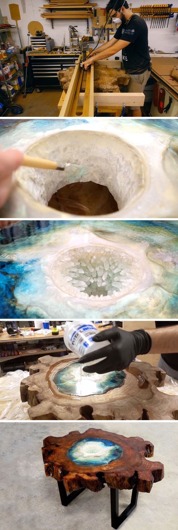 Un geode di resina incastonato nel legno per costruire un tavolo stupefacente