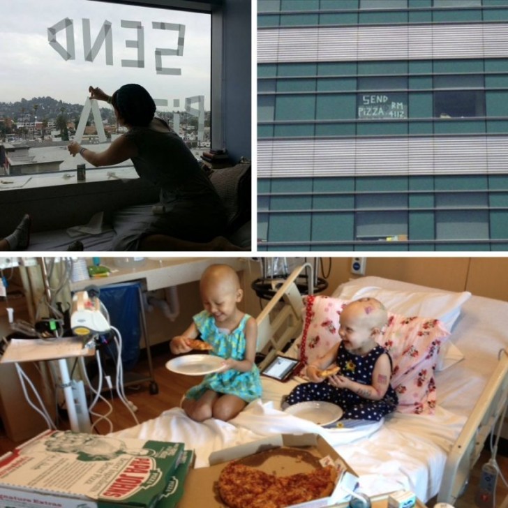 10. Pour remonter le moral de sa fille atteinte d'un cancer, cette mère a écrit avec du ruban adhésif sur une fenêtre d'hôpital : "Envoyez une pizza - Chambre 4112". Peu après, 20 pizzas sont arrivées et tous les enfants du service de pédiatrie ont pu en manger.