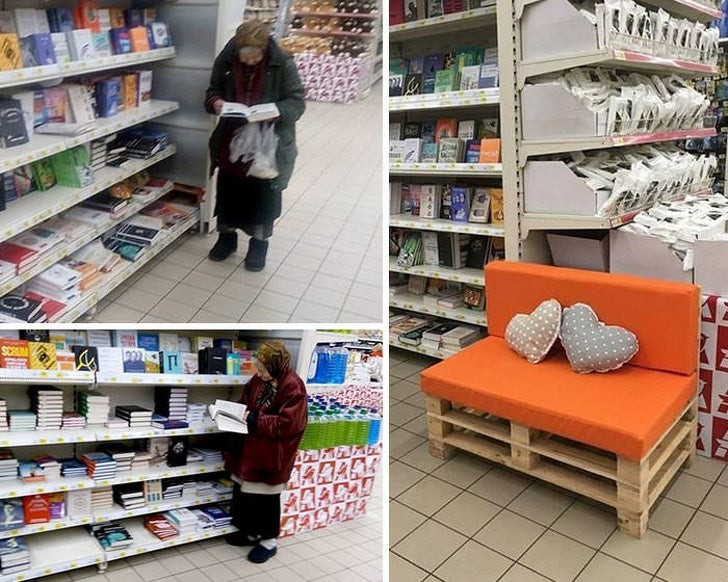 Dieser Supermarkt hat beschlossen, ein bequemes Sofa für eine alte Frau zu installieren, die sich keine Bücher leisten kann.