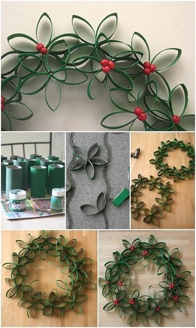 8. Con i dischetti schiacciati ricavati dai rotoli (previamente dipinti) potete formare fiori e foglie, che fanno pensare agli agrifogli