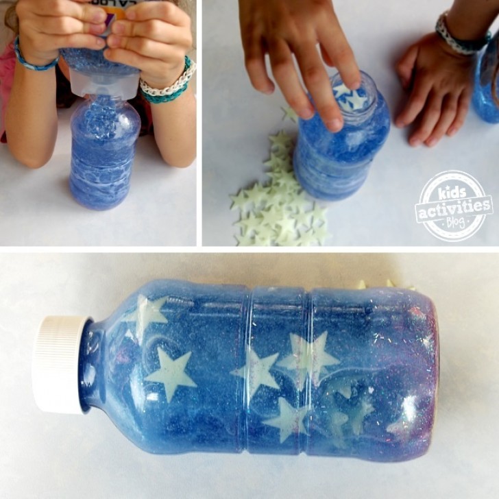 12. Create una fonte luminosa riempendo una bottiglia con shampoo in gel e stelline fluorescenti: aiuterà i bimbi a non aver paura del buio