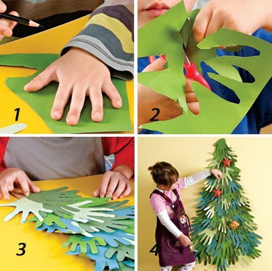 15. Tante mani ritagliate da fogli di varie sfumature di verde: questo albero di Natale è bellissimo!