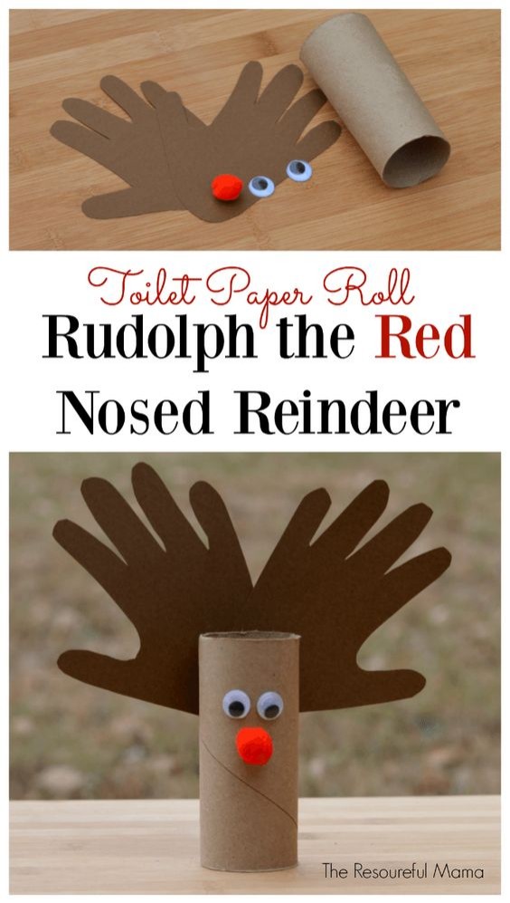 9. Un'altra idea per un lavoretto a forma di Rudolph che sfrutta un cilindro di cartone della carta igienica e la sagoma delle manine