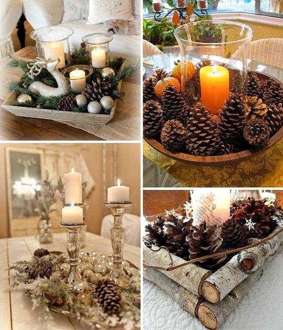 3. Un candelabro o piatti e ciotole di legno riempiti di pigne di varie forme sono gli elementi essenziali per i centrotavola delle feste