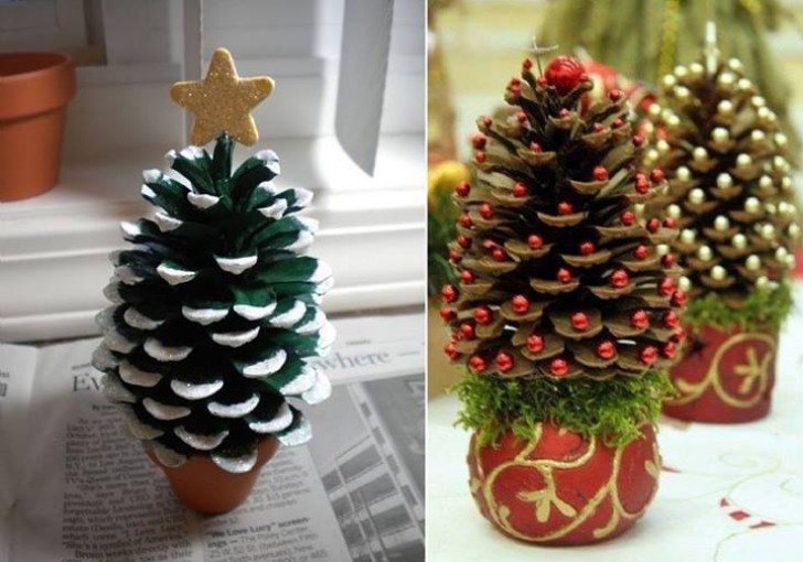 3. Con tante perline o un po' di vernice bianca anche una pigna può diventare un albero di Natale in miniatura