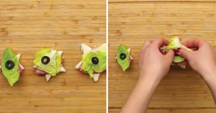 4. Andate avanti con insalata, olive o altro. Impilate le stelline con uno stuzzicadenti lungo, che sarà il "tronco" del vostro albero
