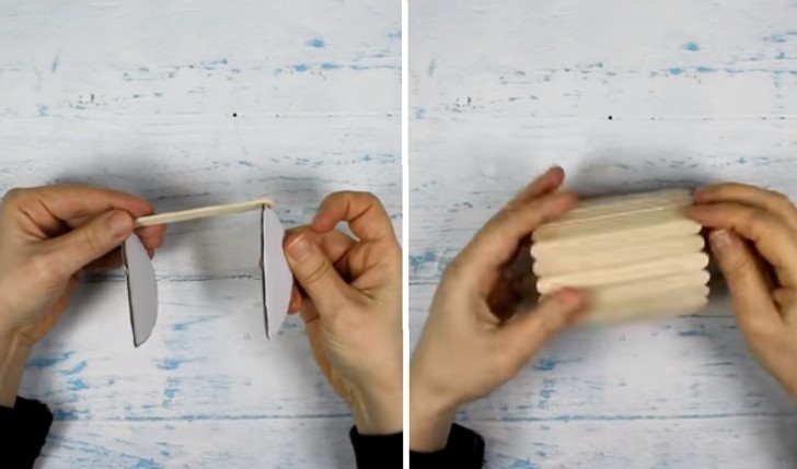 7. Fate lo stesso per il coperchio, incollando le estremità di ciascun bastoncino sui due semicerchi di cartone