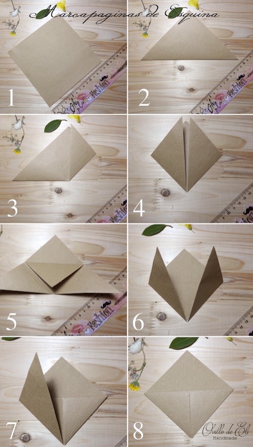 3. Per il segnalibro triangolare: ritagliate un quadrato di carta kraft di 15 cm di lato e piegatelo come in foto