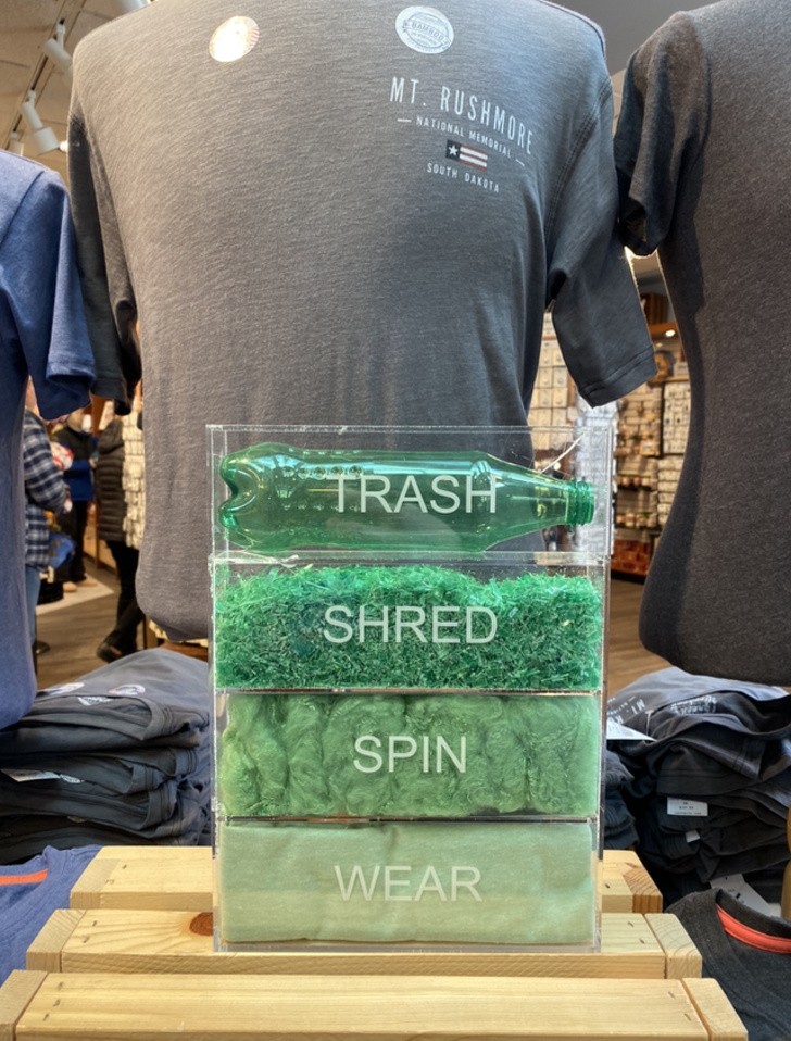 Questo negozio vende magliette prodotte dalla plastica e mostra il modo in cui vengono riciclate.