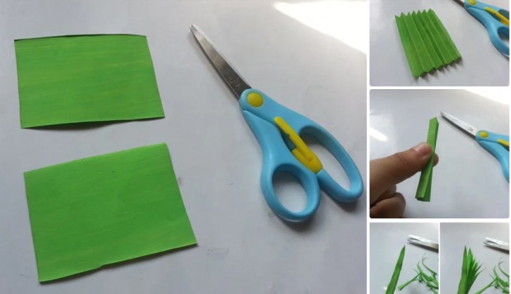 6. Per le foglie, ritagliate quadrati di carta verde e poi piegateli a soffietto, poi ritagliate le punte insieme come in foto