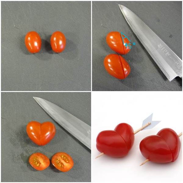 1. Tagliate a metà pomodorini datterini con un taglio obliquo, e avrete le due metà di un cuore da unire con una freccia fatta con uno stecchino!