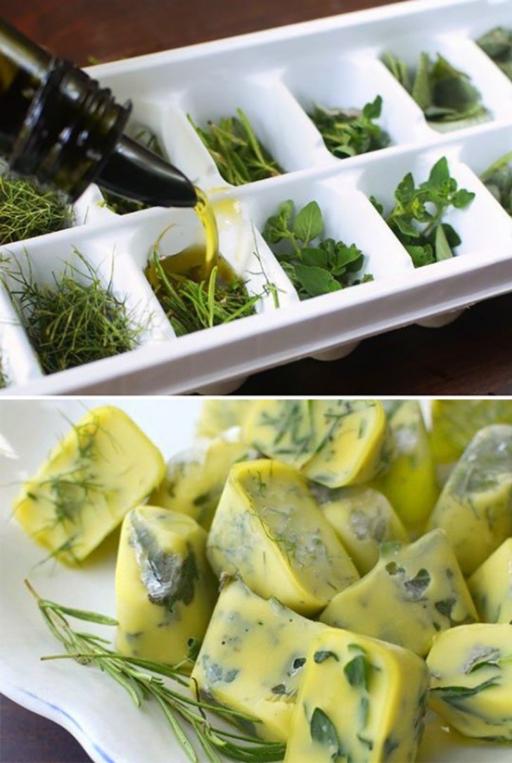 1. Per poter usufruire di erbe aromatiche e spezie fresche tutto l'anno, congelatele nei vassoio per il ghiaccio con dell'olio di oliva