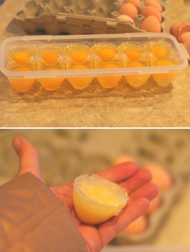 11. Uova fresche: privatele del guscio e versate ciascuna in un contenitore che le tenga ben separate