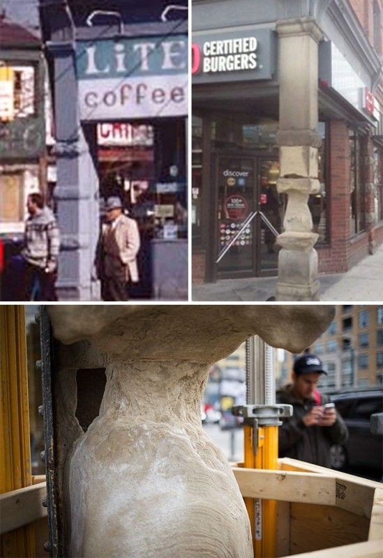 1. La colonna fuori al bar è stata usata per anni dai passanti come punto a cui poggiarsi: l'hanno tramutata così in una scultura