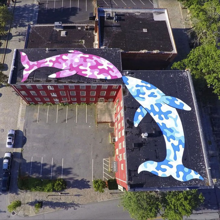 I tetti di questi edifici di periferia diventano la scena per un romantico bacio tra due balene colorate