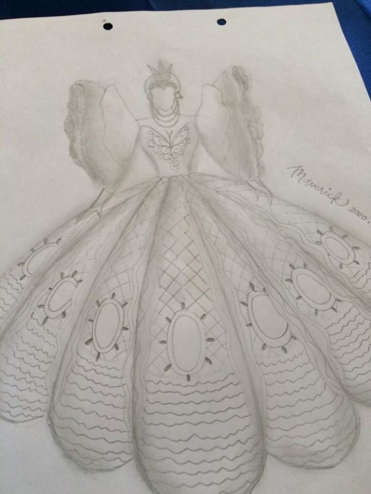 Maverick, whose family comes from the Philippines, designed and made his sister's dress completely by himself. Here's the first sketch.