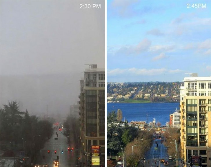 15 minuti di differenza nell'atmosfera di Seattle: la comparazione tra le 14.30 e le 14.45 del pomeriggio
