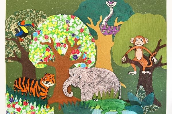 2. Un giungla variopinta con animali e piante ricavati da ritagli di ogni tipo di carta e stoffa