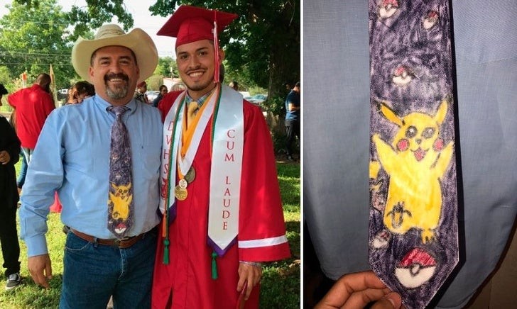 2. A decidedly original look entirely dedicated to the son who graduated: a tie with Pickachu!