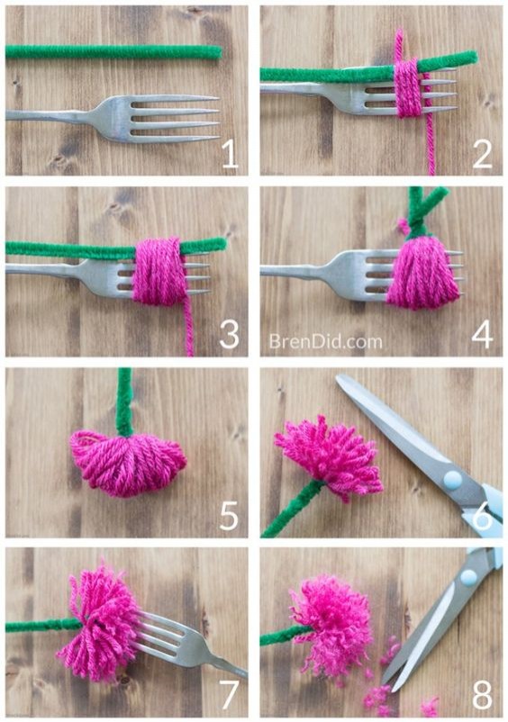 11. Lana, uno scovolino verde e una forchetta: ecco cosa vi serve per creare fiori come questi
