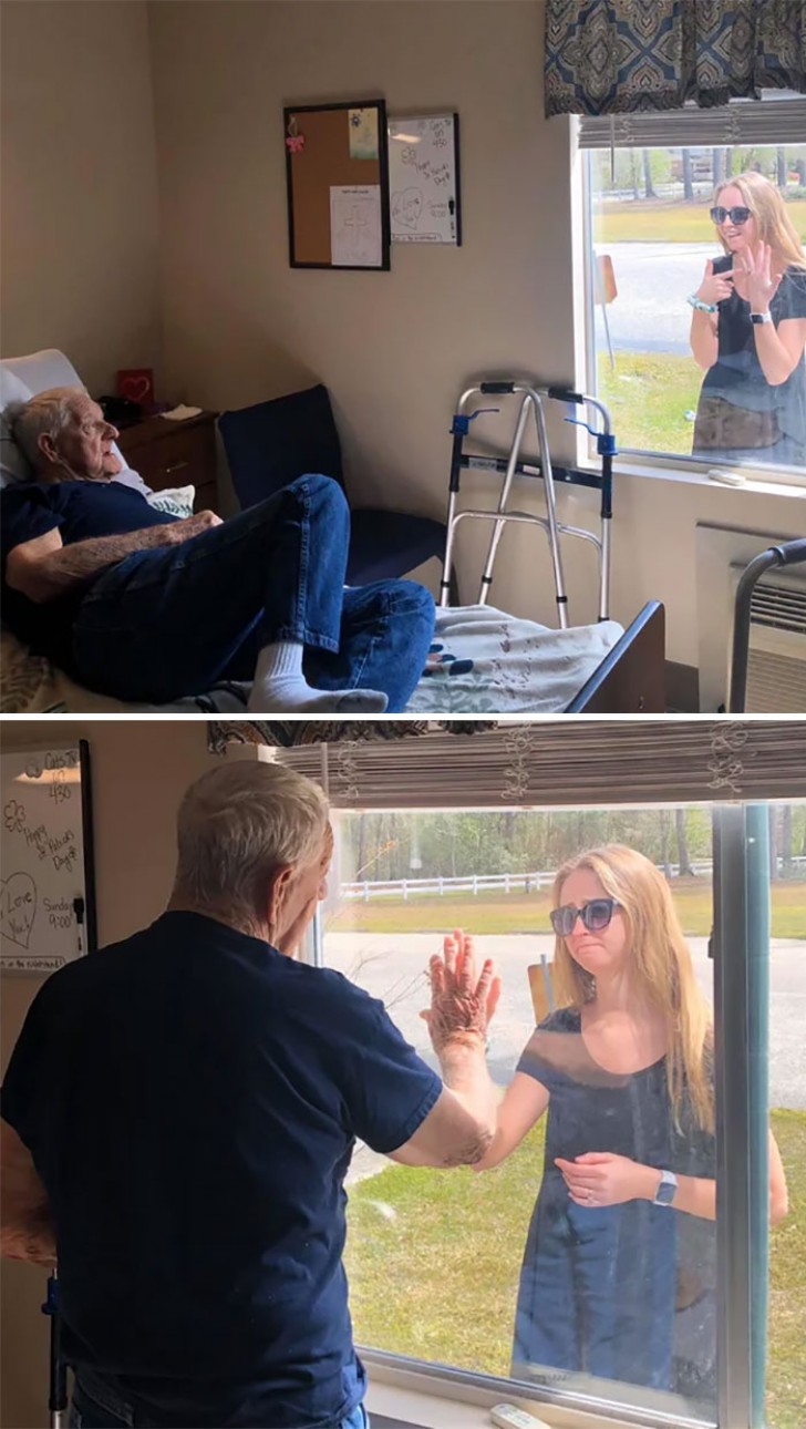 This man's granddaughter couldn't resist telling him about her engagement, so she stood outside his retirement home's window to show off her ring! 