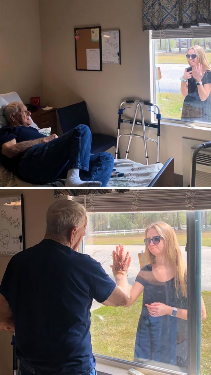 This man's granddaughter couldn't resist telling him about her engagement, so she stood outside his retirement home's window to show off her ring!