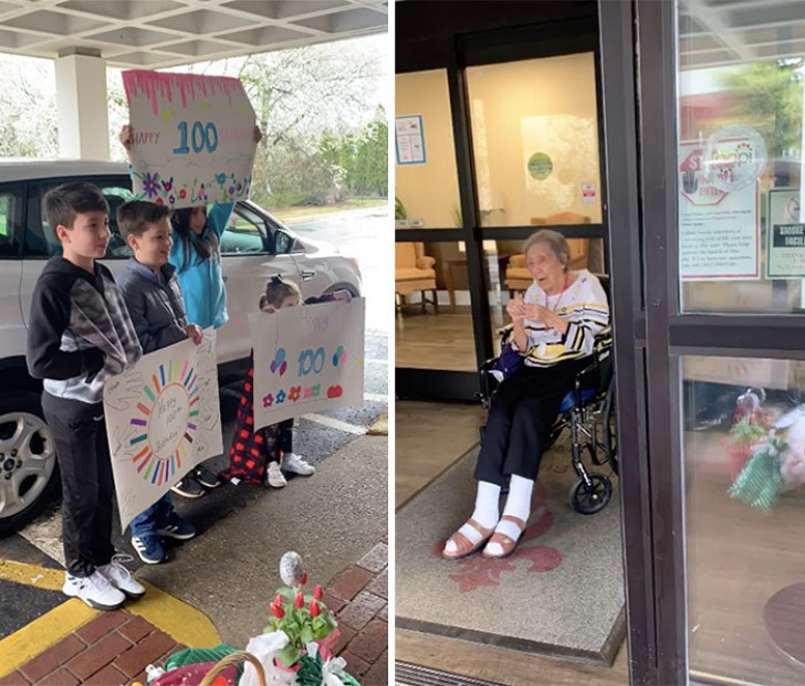 This grandmother just turned 100! Since the family couldn't bring the party inside, they decided to have it outside the building, where she could watch from a safe distance