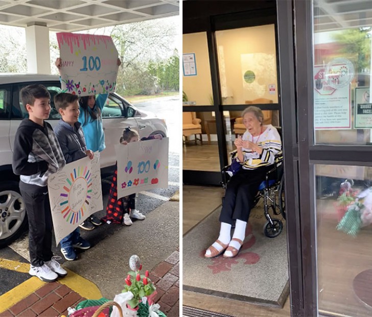 7. Auch wenn sie im Seniorenheim unter Quarantäne steht, feiert die Familie den 100. Geburtstag der Großmutter... von draußen