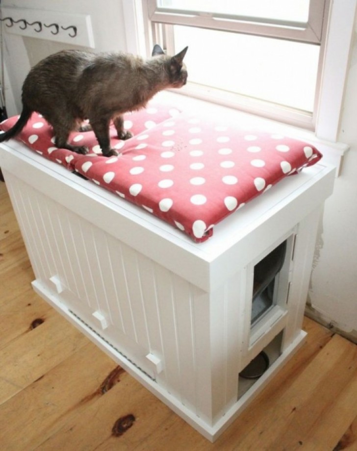 9. Una panca per arredare un corridoio o un salotto, con una comoda porticina per il gatto