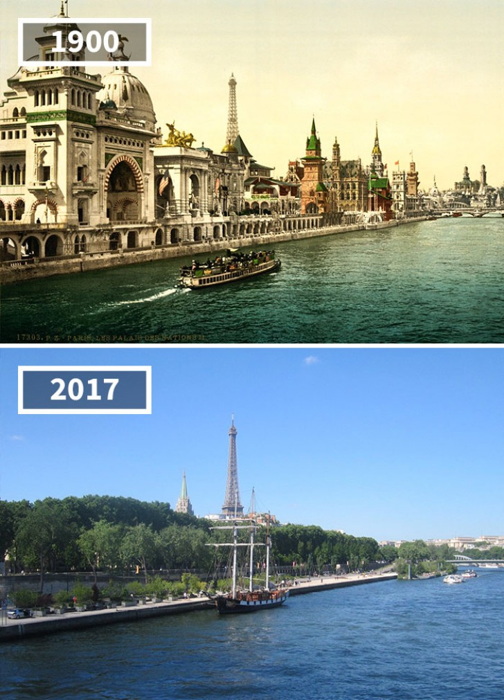 Dans la ville de Paris, une vue le long de la Seine en 1900 lors de l'Exposition universelle, en 2017 : la Tour Eiffel reste imperturbable au loin