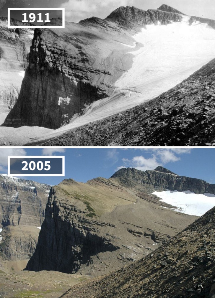 Der Chaney-Gletscher in den Vereinigten Staaten von Amerika: der Unterschied zwischen 1911 und 2005