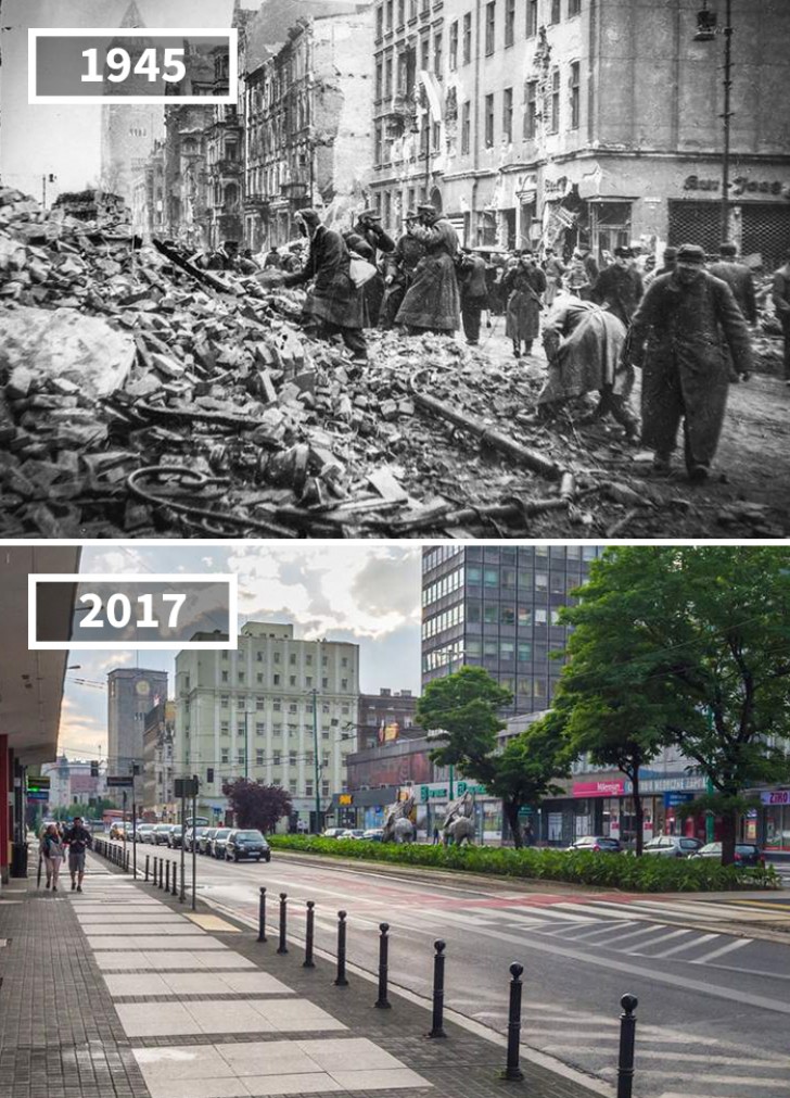 Les ruines de la Seconde Guerre mondiale dans une rue de la ville de Poznan, en Pologne. Maintenant, c'est une rue moderne et propre