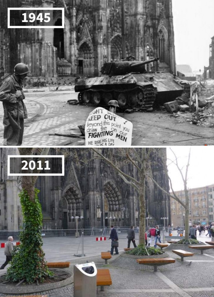 Der Domplatz in Köln, am Ende des Zweiten Weltkriegs und heute.