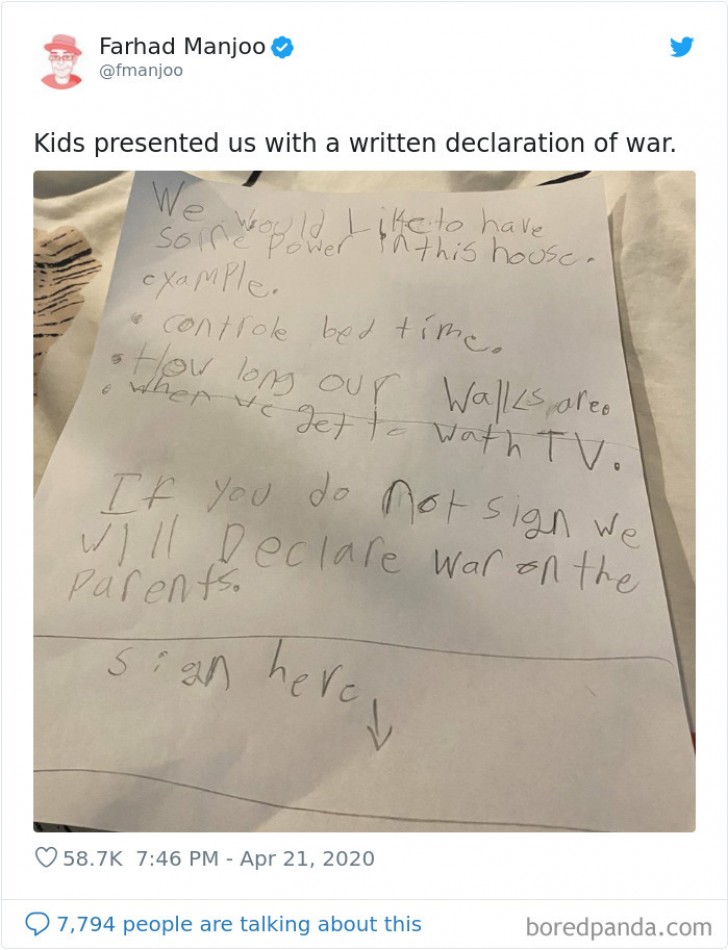 5. Quando i bambini ti si presentano con una dichiarazione di guerra: 