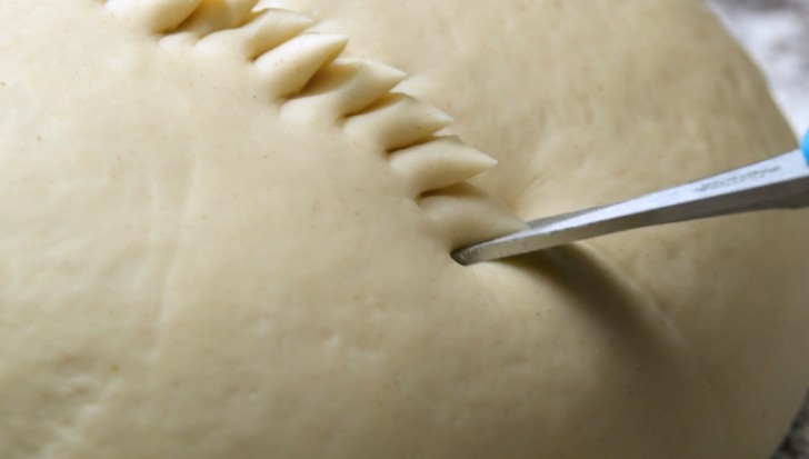 2. Con l'utilizzo di un paio di forbici create dei taglietti sulla superficie della pasta.